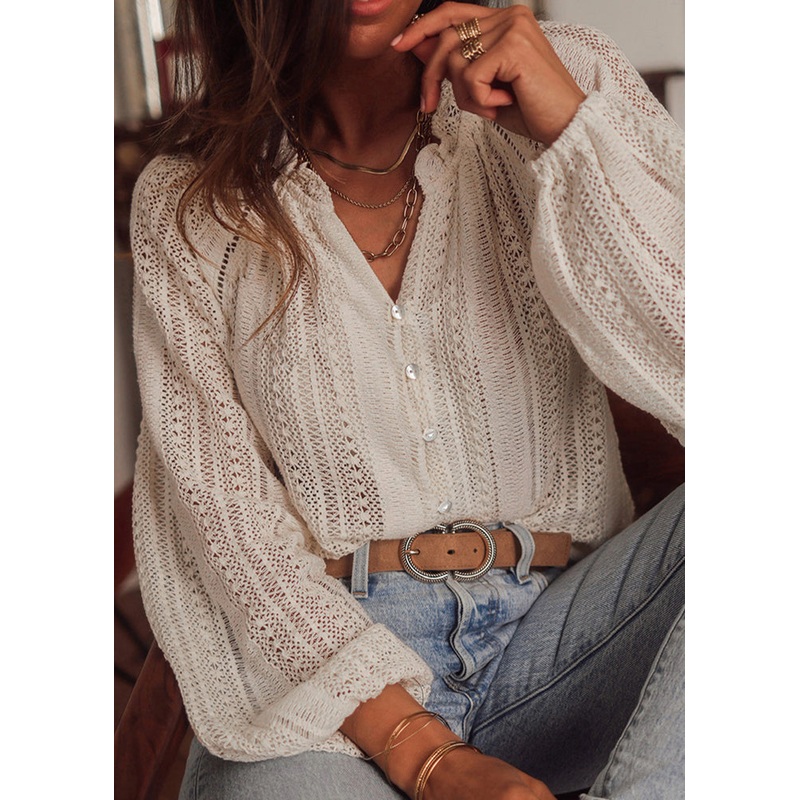 Lantern Top Fitted Lace Hollow Sleeve Neck Out White V