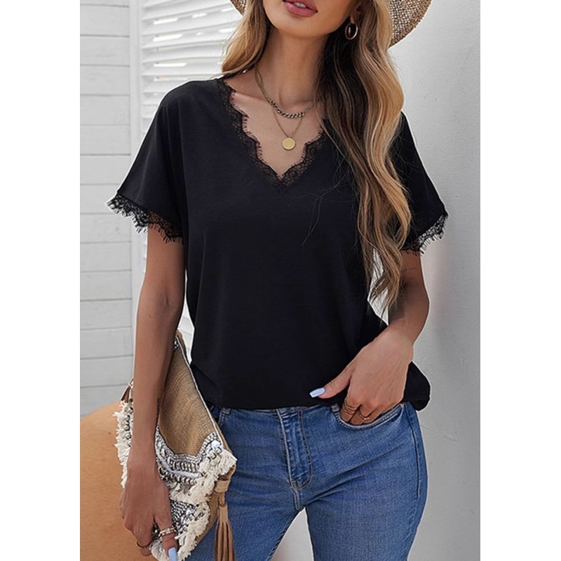 Shirt T Solid Lace Casual Short Black Sleeve Patchwork