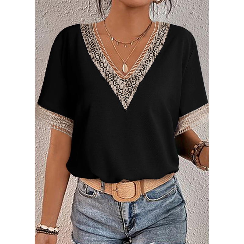 Shirts Lace Summer French Patchwork Black T