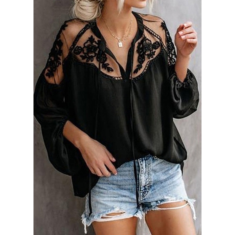 Sleeve Chiffon Neck Lantern Floral Black V Fashion Tops