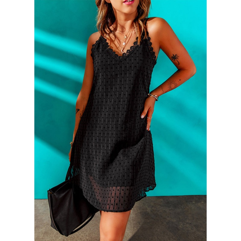 Strap Elegant Mid Spaghetti Neck Dress Tulle V Summer Black