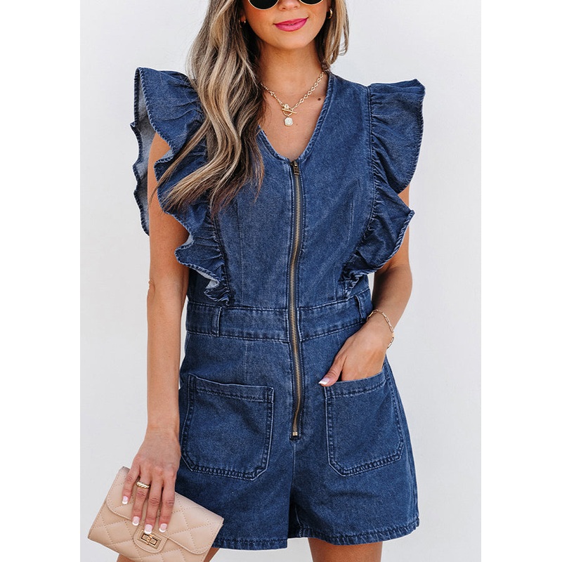 Stylish Zippered Navy Denim Short O-Neck Jumpsuit Ruffled Sleeve