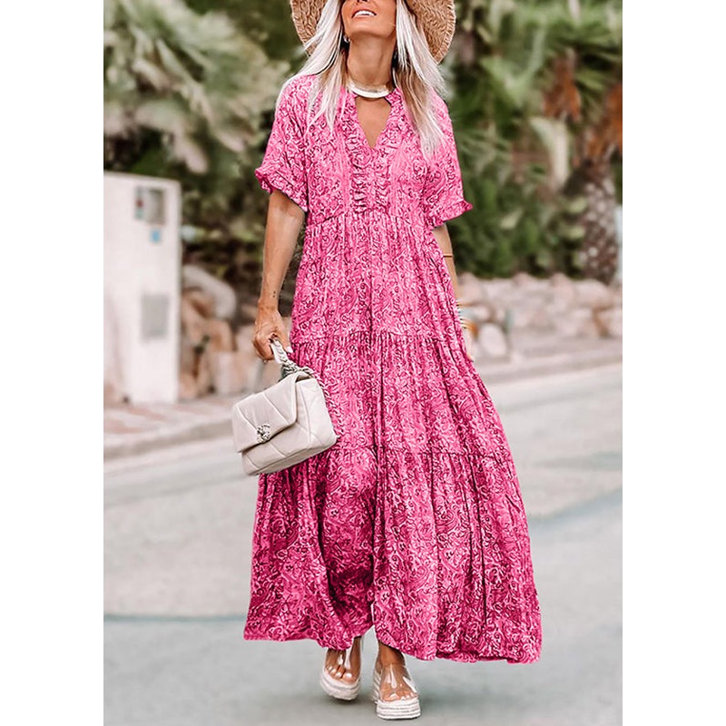 Summer Pink V Neck Long Casual Print Dresses