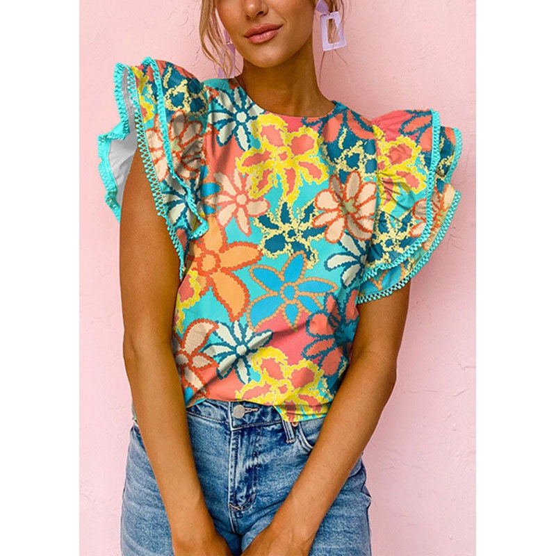Summer Shirt T Print Style O-Neck Ruffled Green