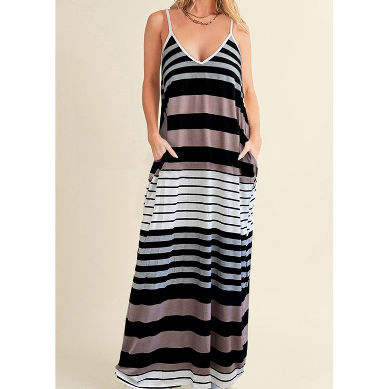 Summer Strap Dress Pockets Casual Striped Spaghetti Maxi V Neck