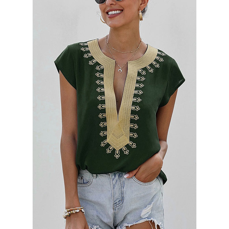 V Patchwork Neck Green Shirts Summer Elegant