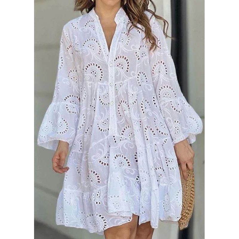 White Long Lace Holiday Neck Out Hollow French Dress V Fall