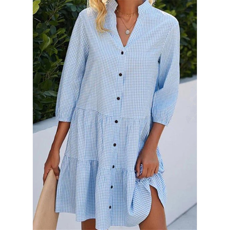 Women Dress Button Mid Shirts Blue Plaid Stand Collar Fall