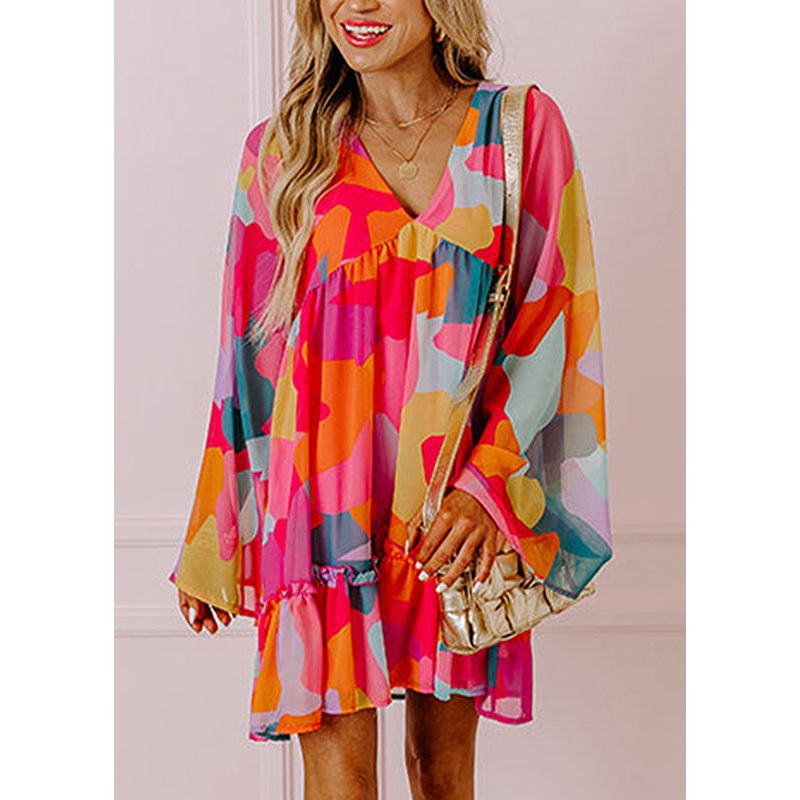 Wrinkled Print Boho Mid Red Fall Chiffon Dresses