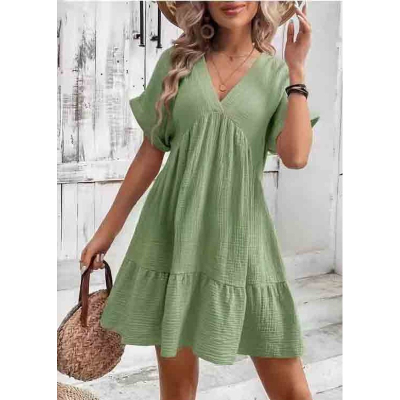 A V Green Line Neck Cotton Elegant Summer Dresses