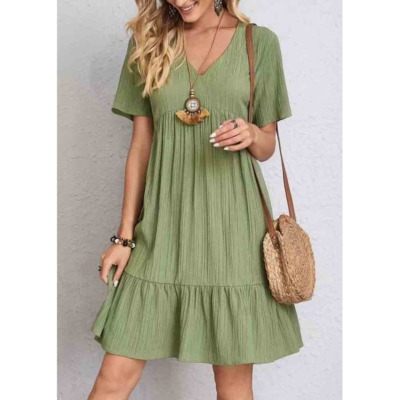 Army V Green Summer Cotton Day Neck Chic Patchwork Dress