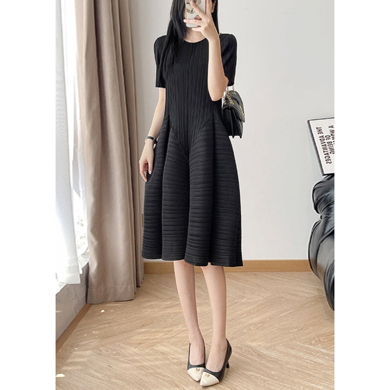 Black Summer O Wrinkled Solid Cotton Dress Neck