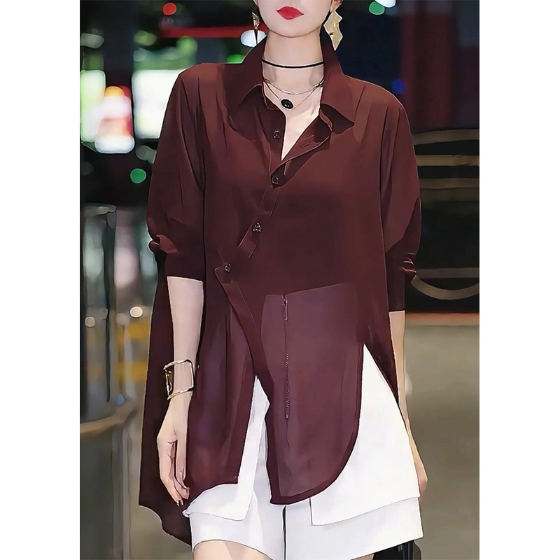 Chiffon Mulberry Shirts Italian Patchwork Asymmetrical Summer