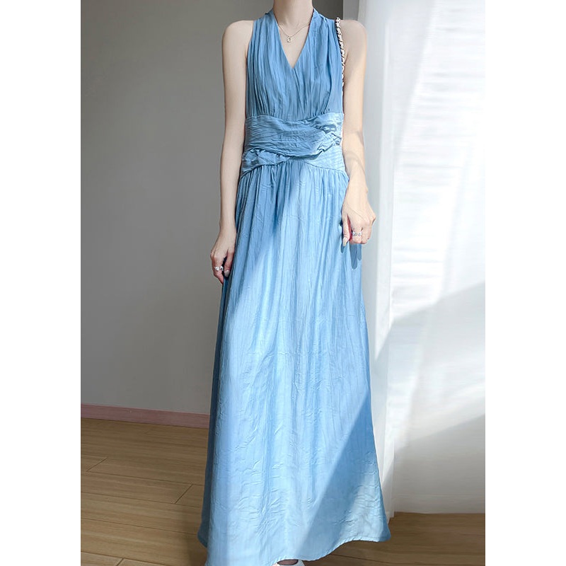 Cotton Blue Dress Elegant Neck Sleeveless High Long Waist V