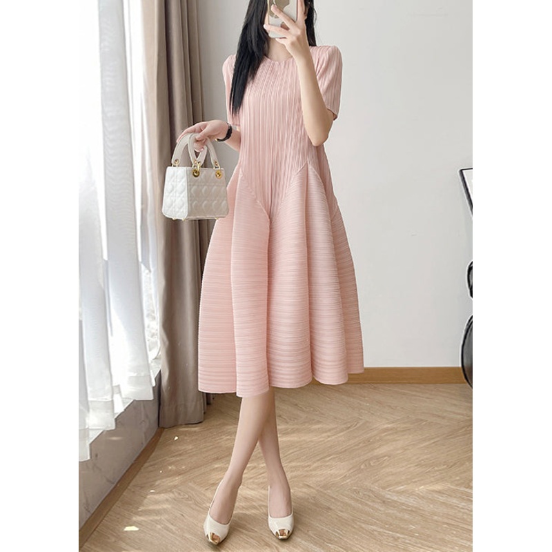 Cotton Loose O Wrinkled Neck Dresses Summer Pink