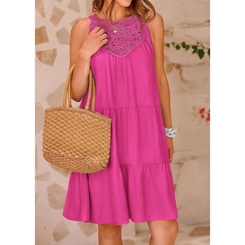 Cotton Patchwork Out Mini Rose Dress Hollow Sleeveless