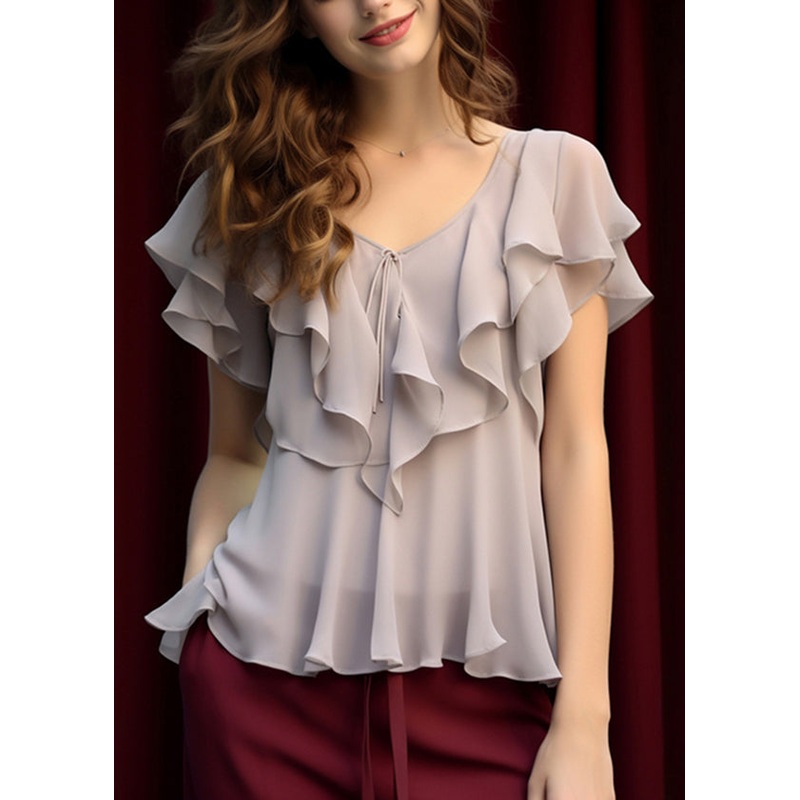 Elegant Grey Patchwork Ruffled Blouses Chiffon Summer