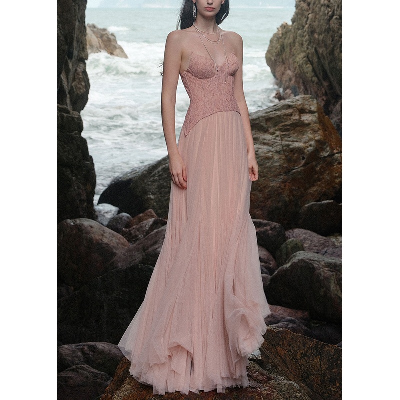 Summer Dresses Patchwork Maxi Backless Tulle Pink Lace