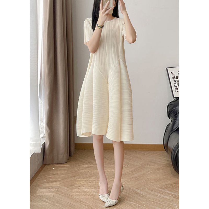 Wrinkled Cotton Solid High Elegant Dresses Waist Beige