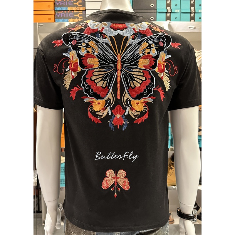 Black Embroideried Shirt Mens Summer Stylish O-Neck T