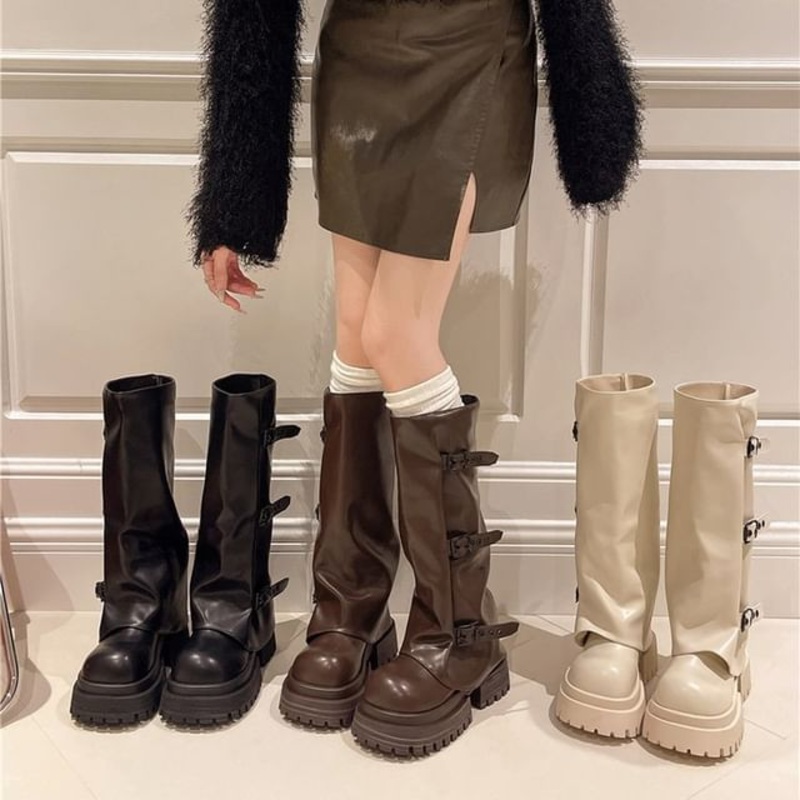 Boots Knee Platform Buckled Panel High
