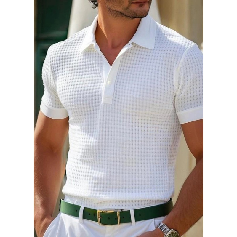 Collar Peter Pan Summer Cotton Men Polo Shirts Plaid White Solid