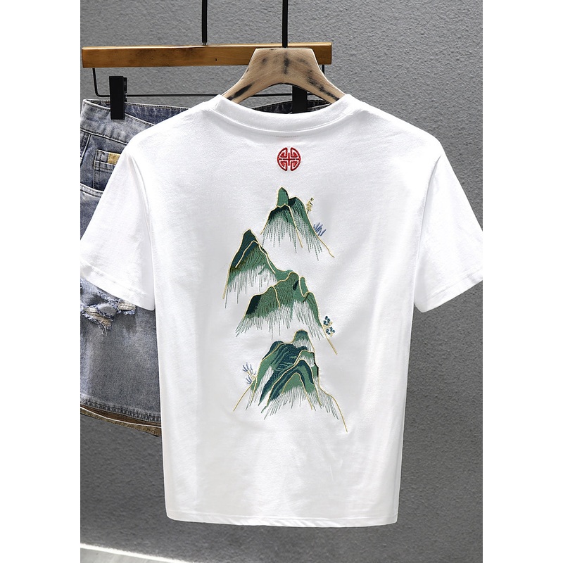 Cool Cotton Embroideried White T Neck O Shirts Men Summer