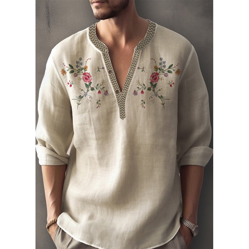 Cotton Fall Neck Apricot Simple Shirt Print Mens V