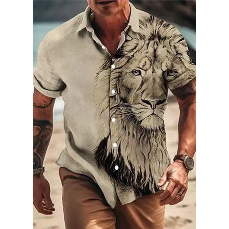 Cotton Men Button Animal Shirts Print Apricot Chic Summer
