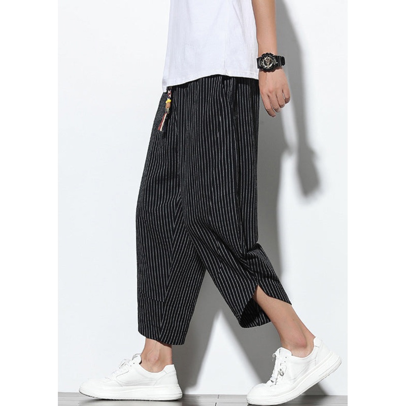 Cotton Men Waist Black French Harem Elastic Pockets Pants