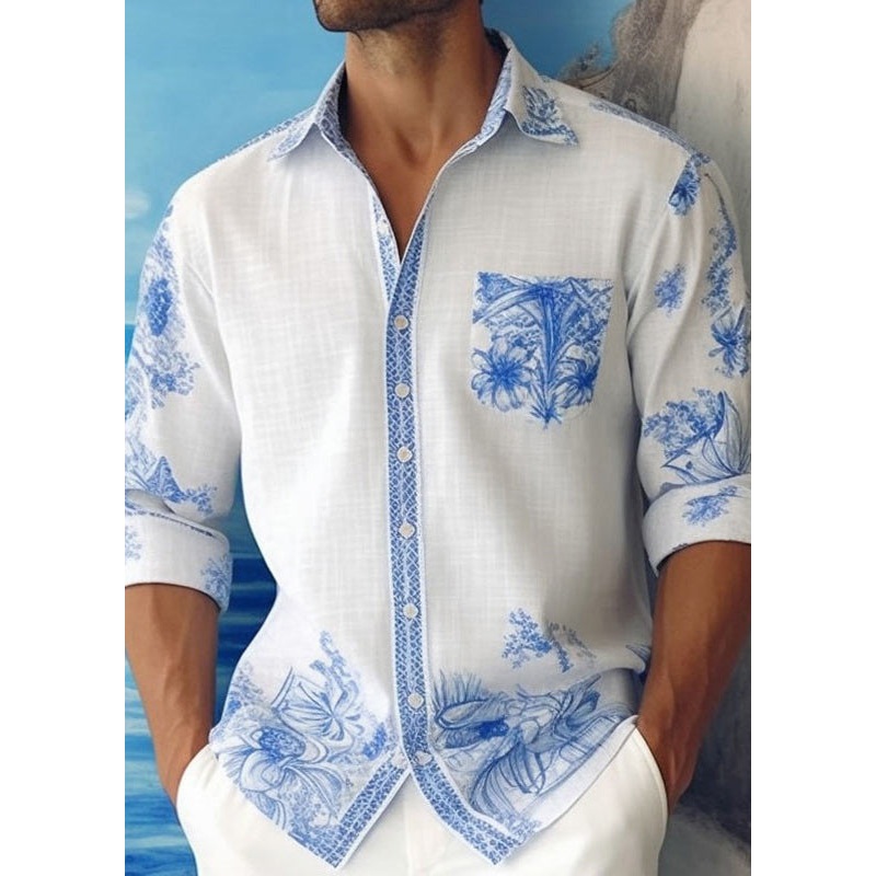 Cotton Peter Mens Shirts Print Fall French Blue Collar Pan