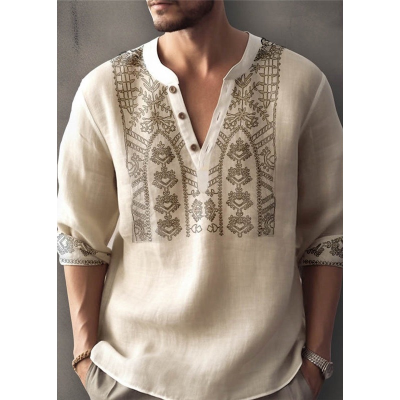 Cotton T Shirt Size Fall Apricot Button Men Print Plus