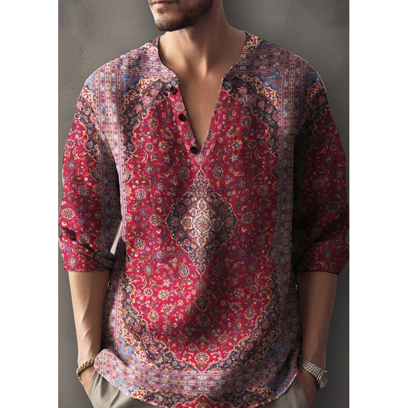 Cotton V Neck Shirts T Fall Button Red Mens Print