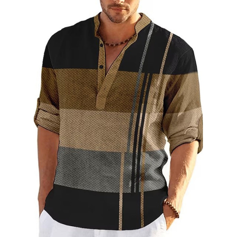 Fall Khaki T Stand French Cotton Men’s Shirts Collar Plaid