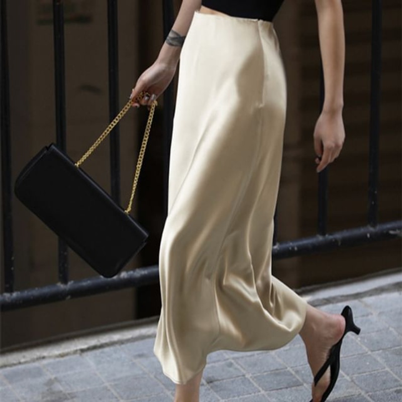 Plain Skirt Rise Satin High Pencil Slit Midi