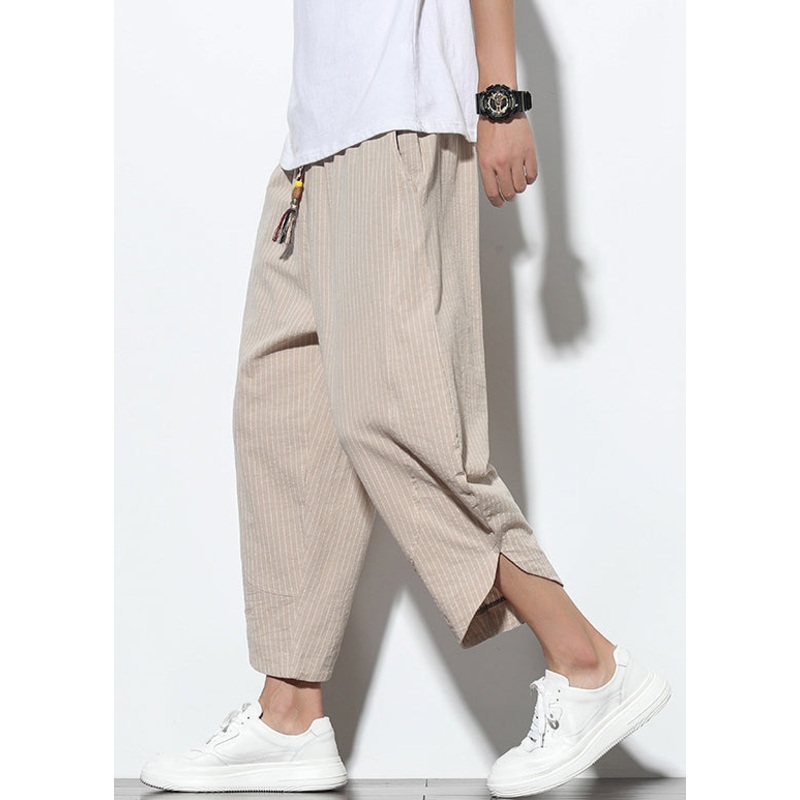 Pockets Cotton Lace Crop Mens Striped Khaki Up Summer Pants