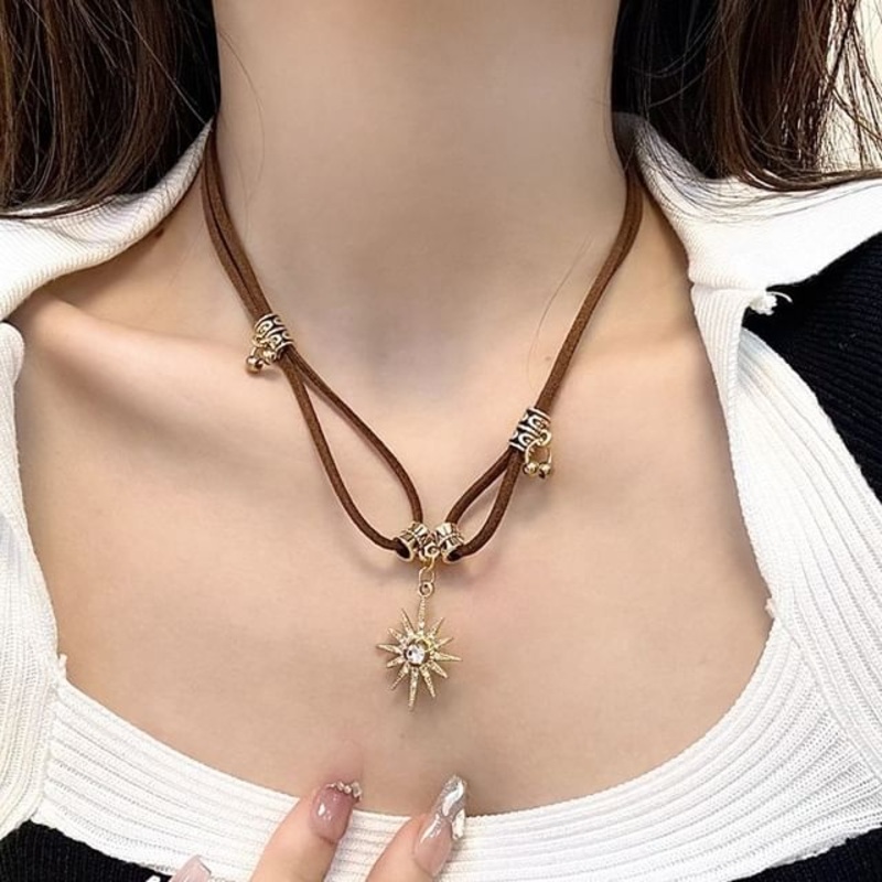 Rhinestone Necklace Faux Pendant Leather Sun