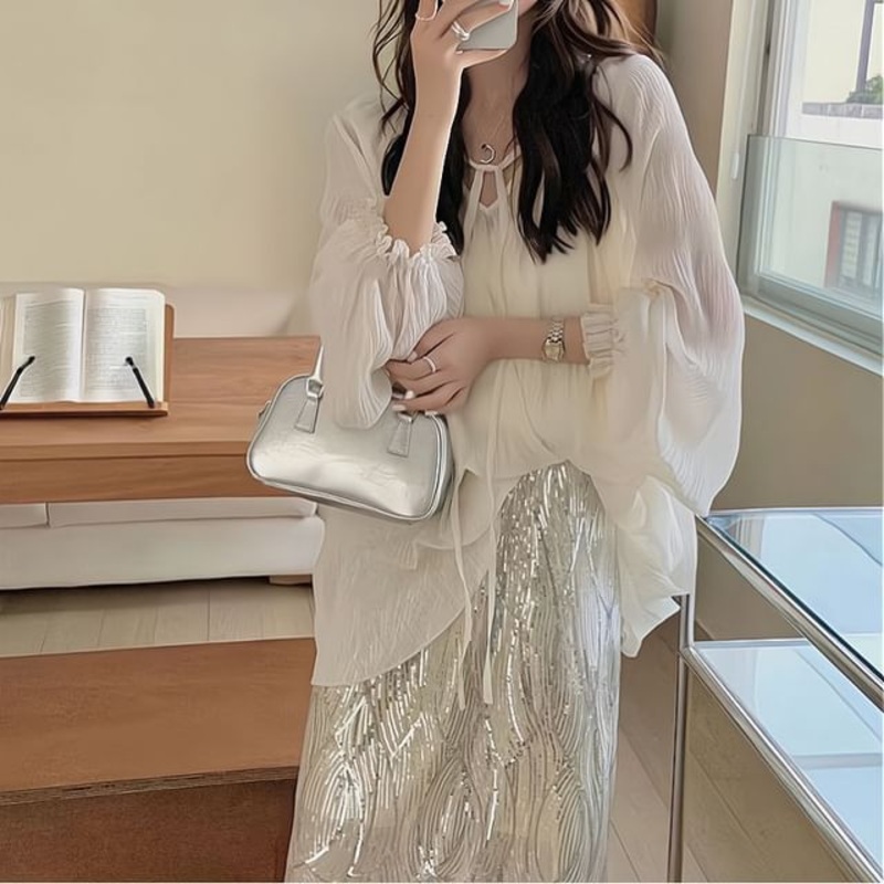 Rise H-Line Set Front Blouse Skirt Plain Top Midi High V-Neck Tie / Long-Sleeve Sheer Cami Sequin