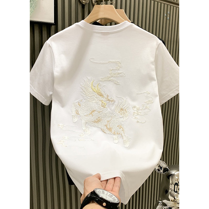 Shirts Summer Oriental Embroideried Cotton Neck White O Mens T