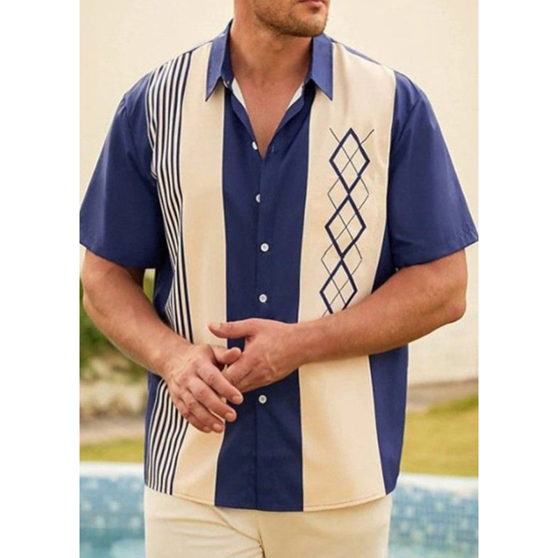 Summer Loose Cotton Shirts Striped Men Patchwork Navy