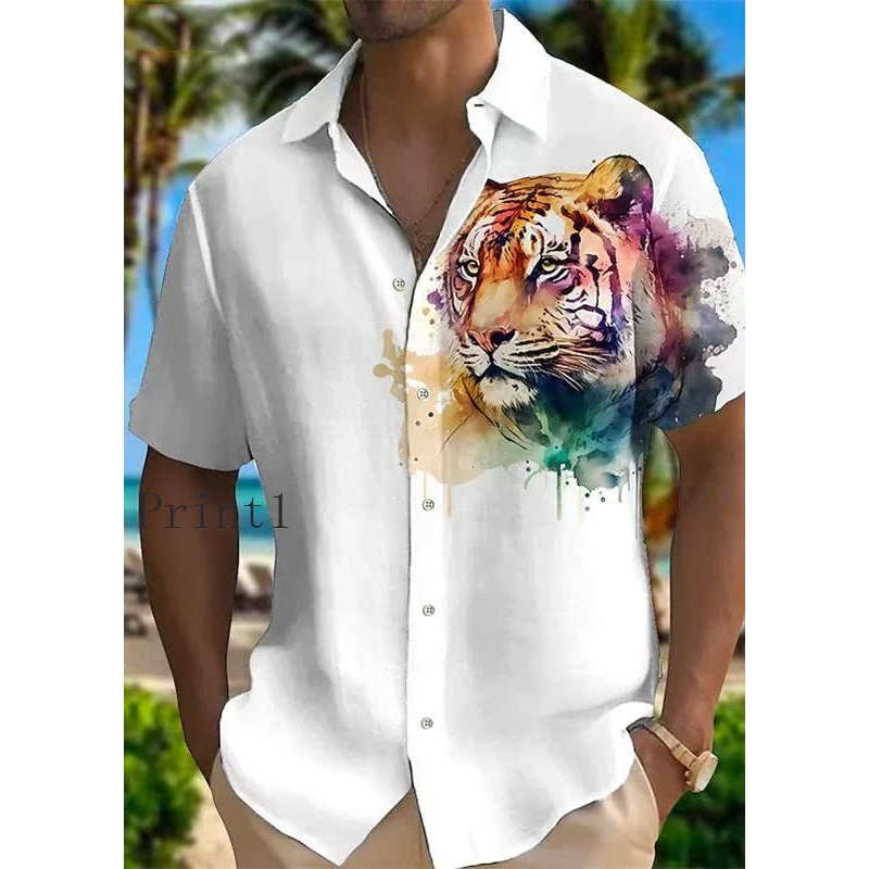 Summer Pan New Men Cotton Shirts Animal Print Collar Peter