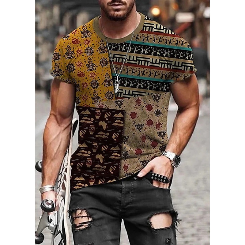 Summer Patchwork Cotton T Mens Shirts Vintage Print Yellow