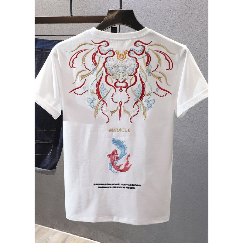 T Embroideried Summer Shirts Chinese Style Mens White