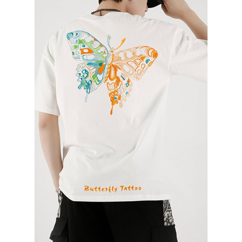 T Summer Fashion Shirts Cotton Embroideried White Butterfly