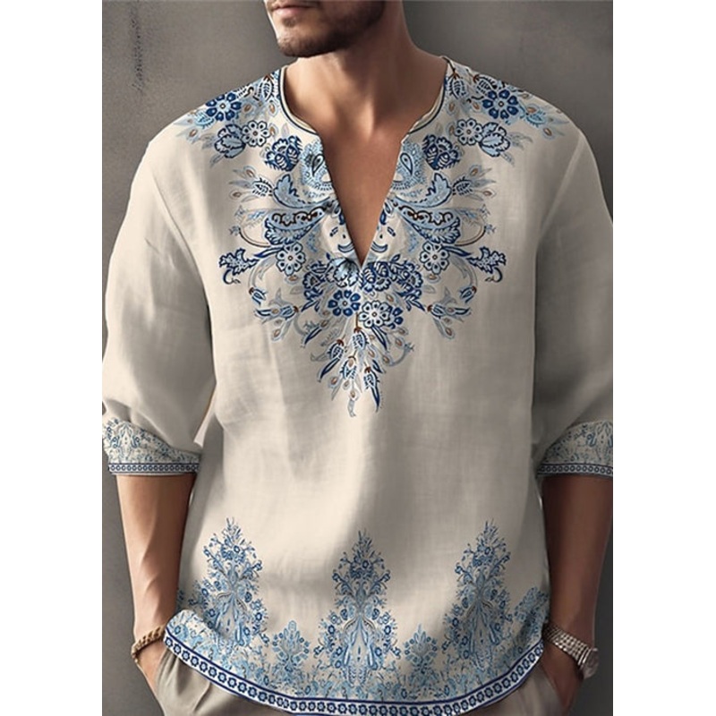 White Print Half V Shirts Oversized Neck T Bohemian Cotton Men’s