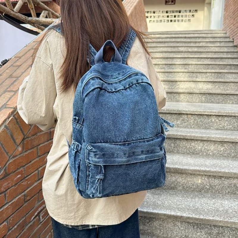 Backpack Zip Washed Denim|Black|Dark Blue|Light Blue|One Size