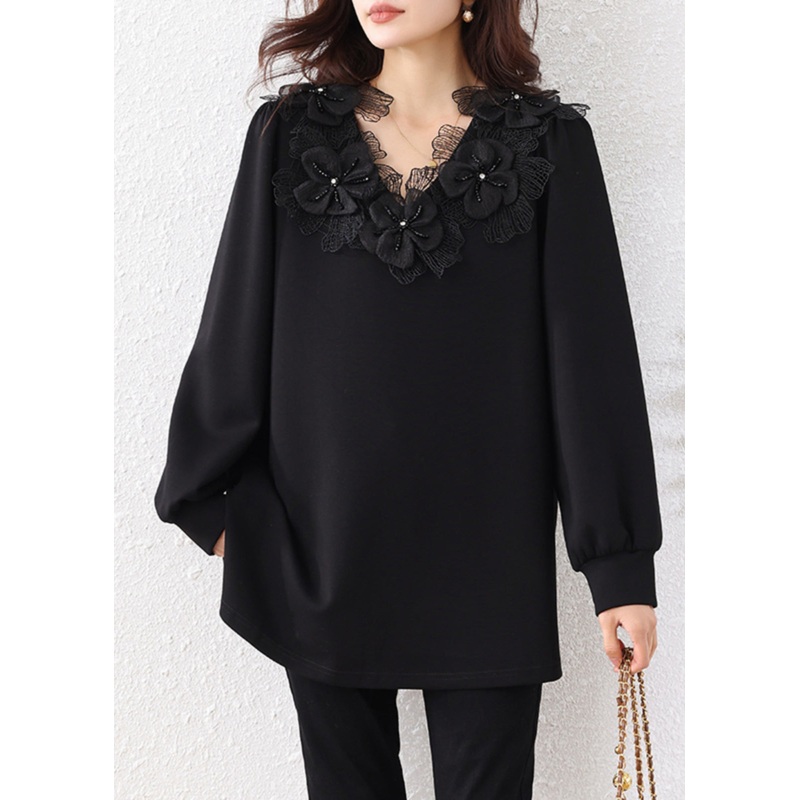 Black V Bead Sweatshirts Cotton Nail Floral Loose Neck Fall