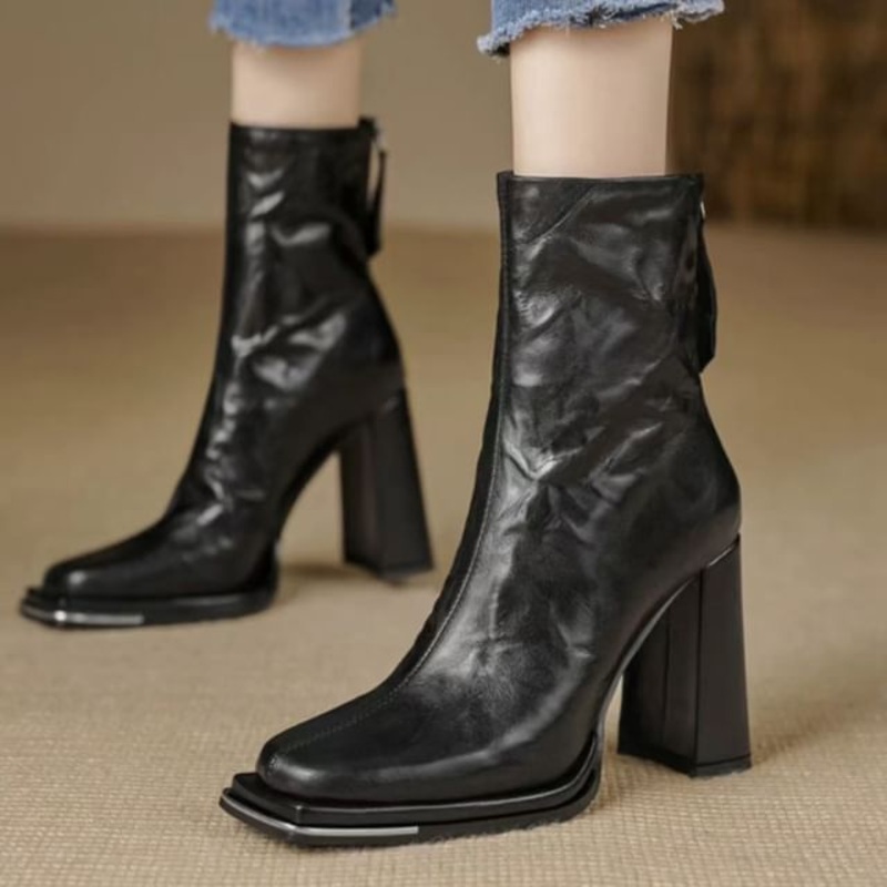 Boots Plain Chunky Heel Short|Black|Brown|34|35|36|37|38|39