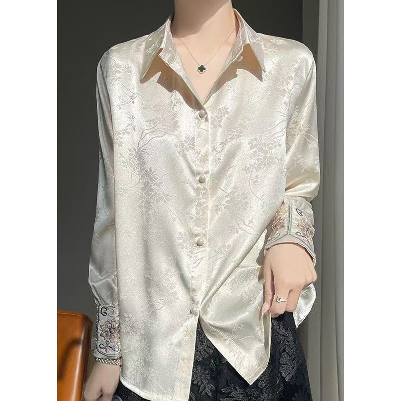 Button Embroidered Beige Fall Shirt Silk Loose
