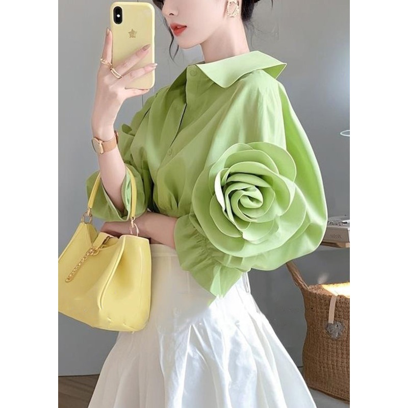 Cotton Blouses Half Pan Collar Button Green Floral sleeve Peter